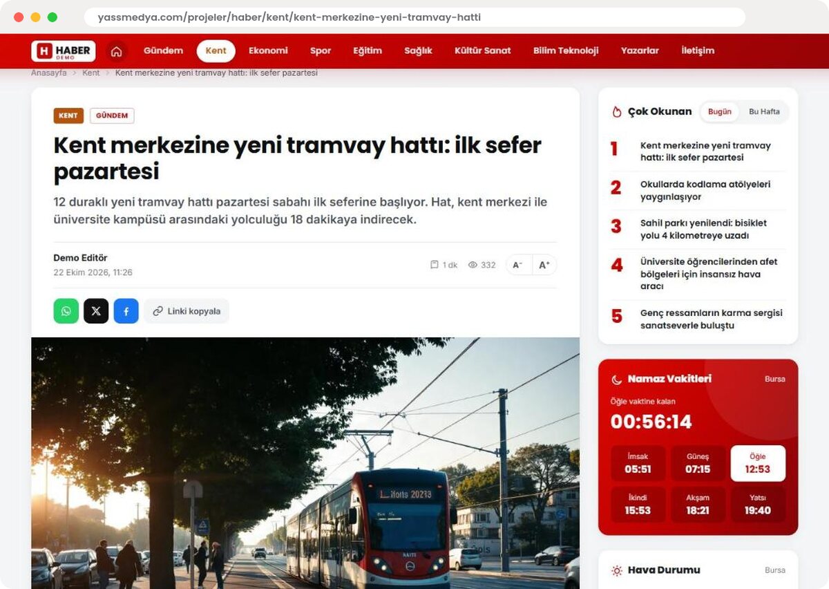 Haber sayfası: okunabilirlik ve paylaşım — haber sitesi yazılımı ekran görüntüsü